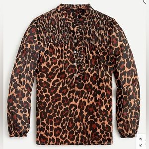 J.Crew smocked popover top in leopard crinkle chiffon NWT in packaging Sz XXS